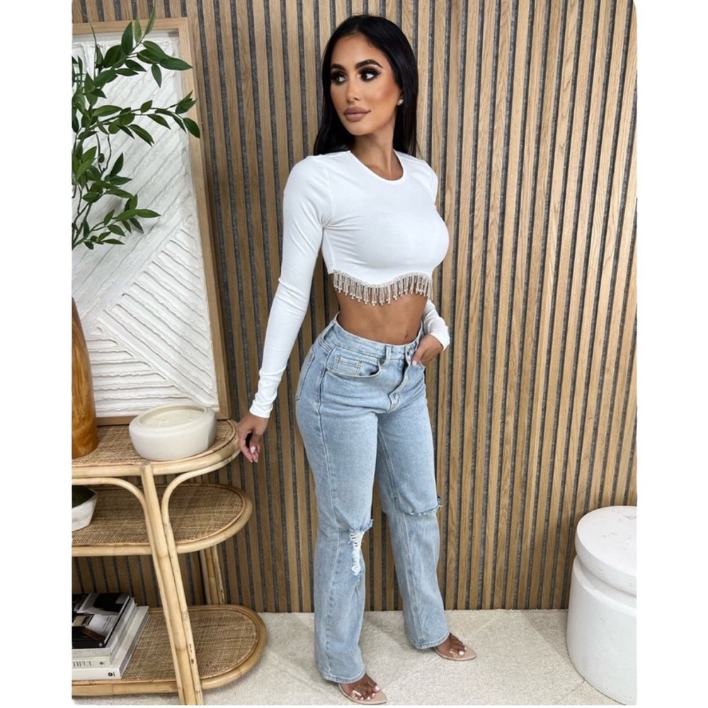 NIP Ribbed Cropped Rhinestone Long Sleeve Top - Picture 3 of 13